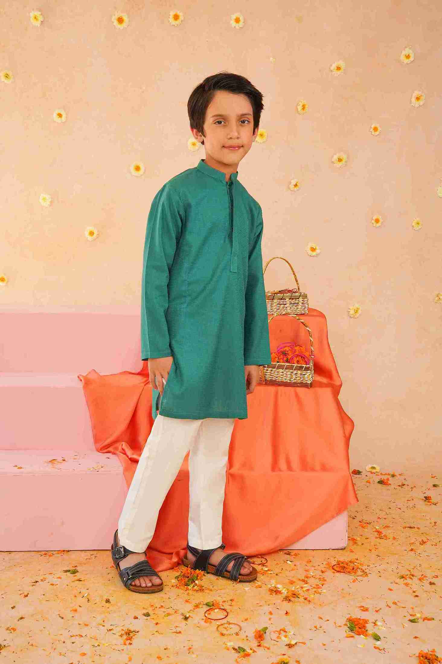 Boys Green Cotton Kurta | Breathable Ethnic Wear